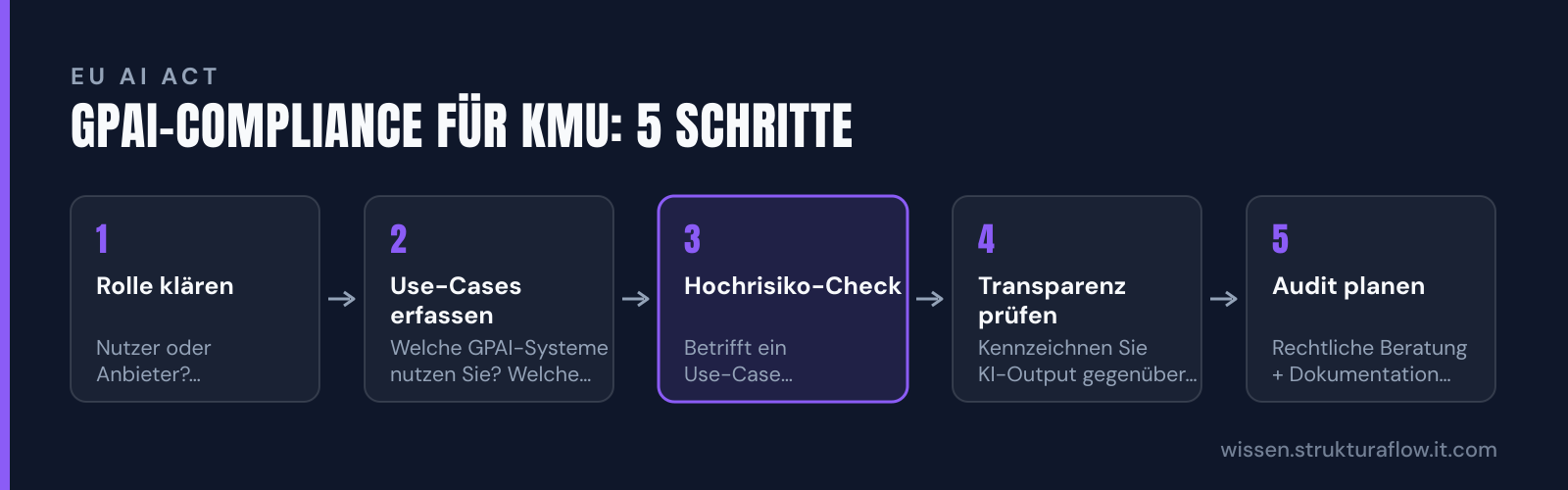 Fünf-Schritte-Prozess zur EU-AI-Act-Compliance: von der Rollenklärung über Hochrisiko-Prüfung bis zur Dokumentation.