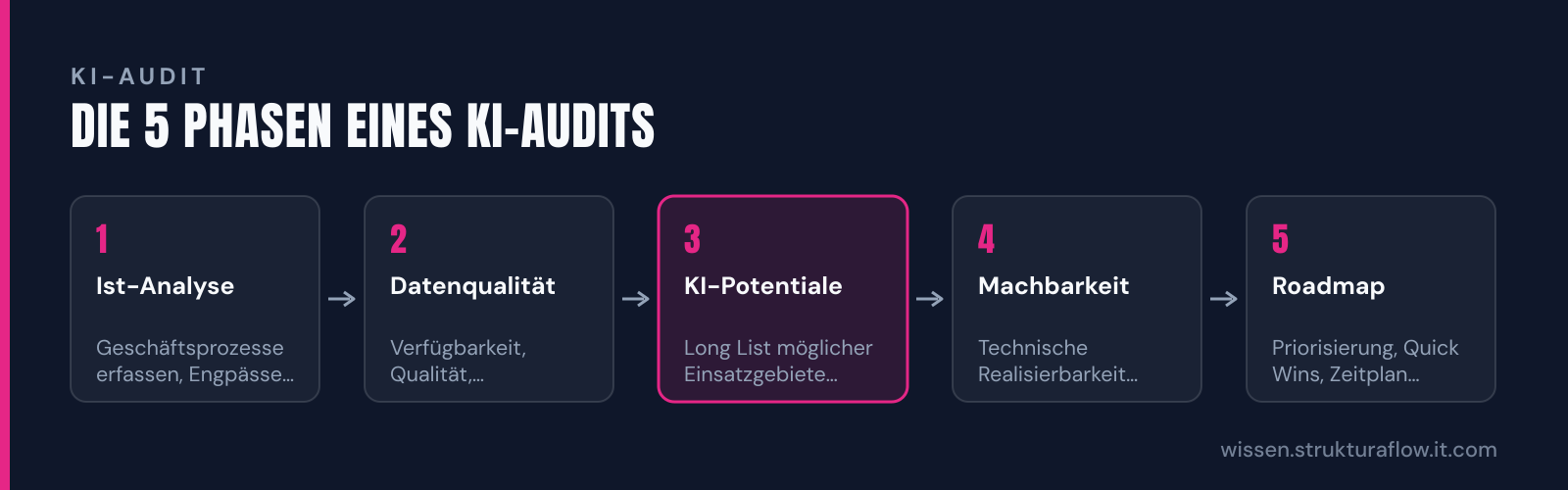 Fünf Schritte eines KI-Audits: von der Ist-Analyse der Geschäftsprozesse über Datenqualitätsprüfung und Potentialidentifizierung bis zur Bewertung der technischen Machbarkeit und abschließenden Roadmap-Erstellung.